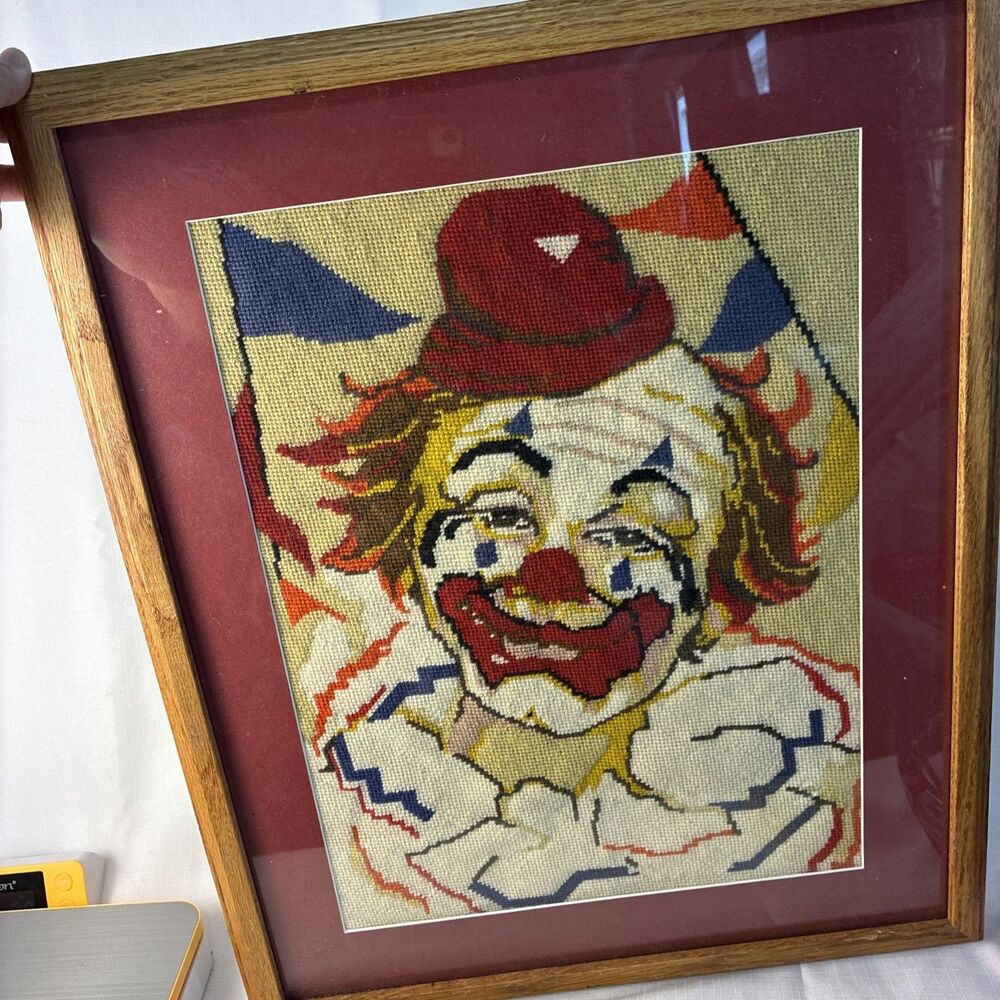 Framed Handmade Needlepoint Cross Stitch Big Clown Picture Art 21 inches